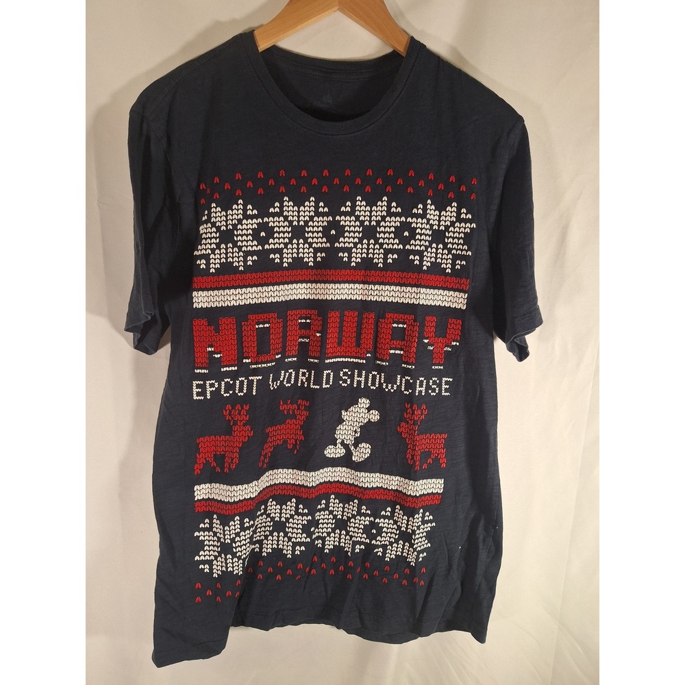 Disney Parks Epcot World Showcase Norway Navy Blue Faux Knit Mickey T-Shirt L